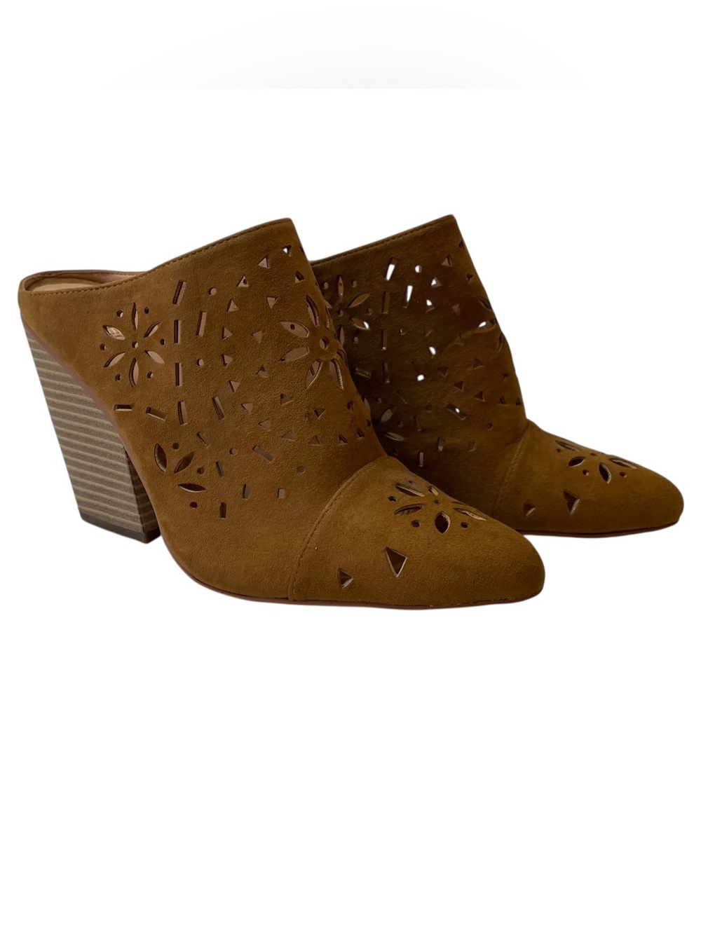 BCBGENERATION Carmen Caramel Brown Faux Suede Laser Cut Mule Heels Shoes  Sz 8.5